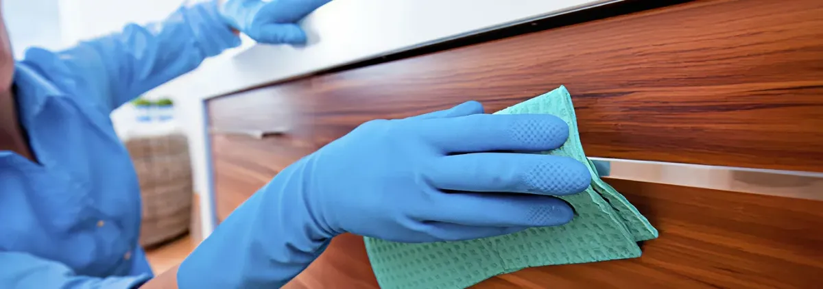 Cleaner wearing blue gloves wiping a wooden cabinet drawer with a microfiber cloth for dust and grime removal, Buffalo, NY.