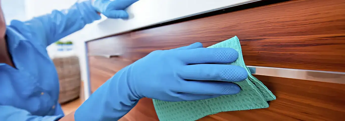 Cleaner wearing blue gloves wiping a wooden cabinet drawer with a microfiber cloth for dust and grime removal, Buffalo, NY.