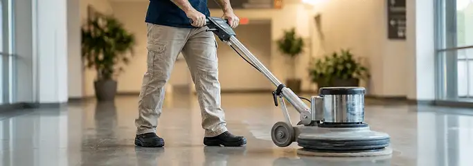 Professional technician using an industrial floor buffer to polish and maintain shiny commercial flooring in a corporate hallway in Buffalo, NY.