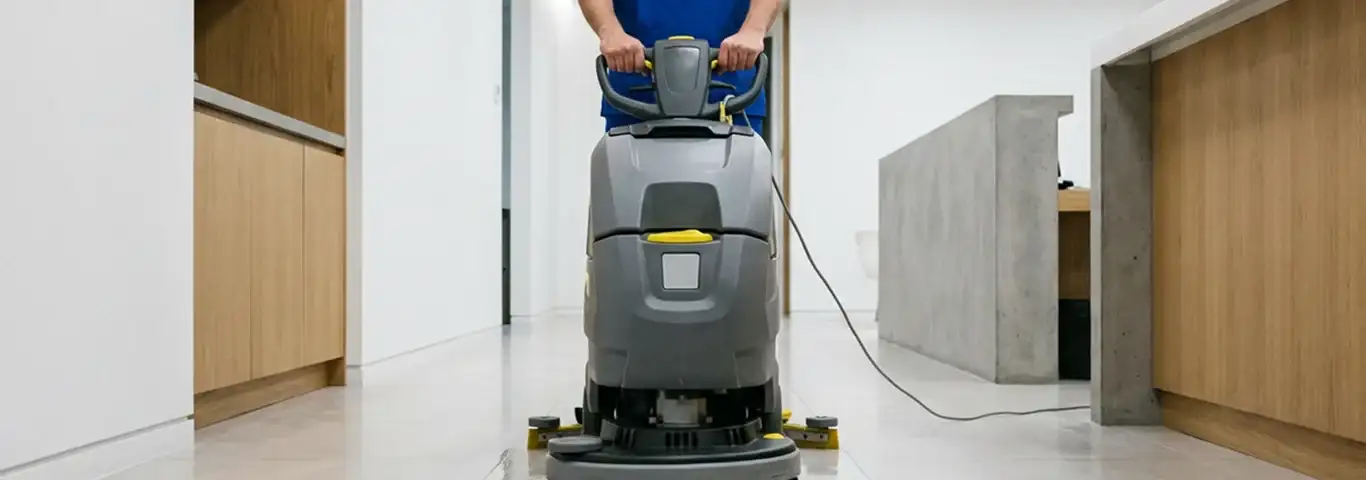 Janitorial staff using a floor scrubber machine to clean a commercial hallway, Buffalo, NY.