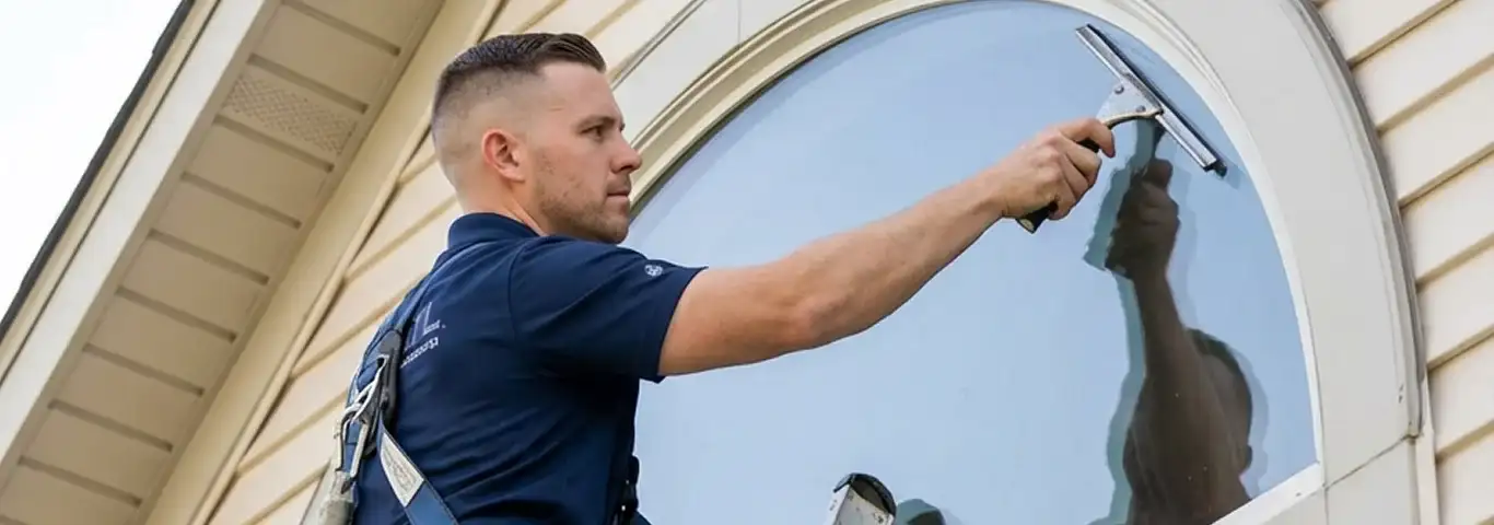 Professional window cleaner using a squeegee to clean an exterior arched window on a home, Buffalo, NY.