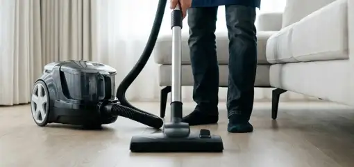 Professional house cleaner vacuuming a living room floor with a canister vacuum cleaner, Buffalo, NY.