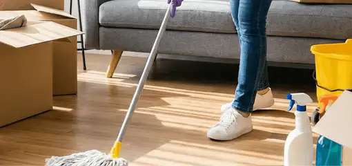Move-out cleaning setup with a cleaner mopping hardwood floors near moving boxes and cleaning supplies, Buffalo, NY.