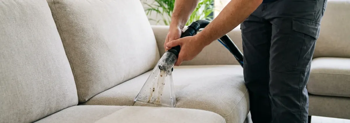 Technician extracting dirt and moisture from a fabric sofa with an upholstery cleaning wand, Buffalo, NY.