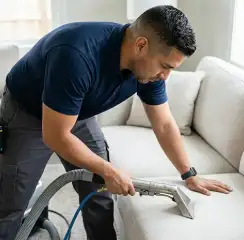 Professional upholstery cleaning technician using an extraction wand to deep-clean a fabric sofa, Buffalo, NY.