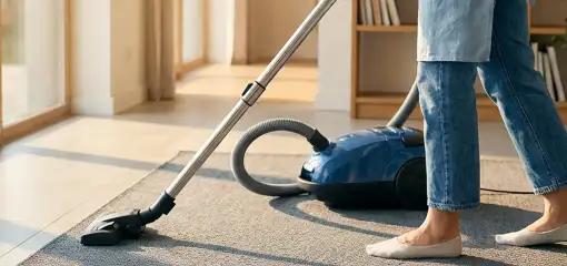 Person vacuuming a living room rug with a canister vacuum cleaner near large windows, Buffalo, NY.